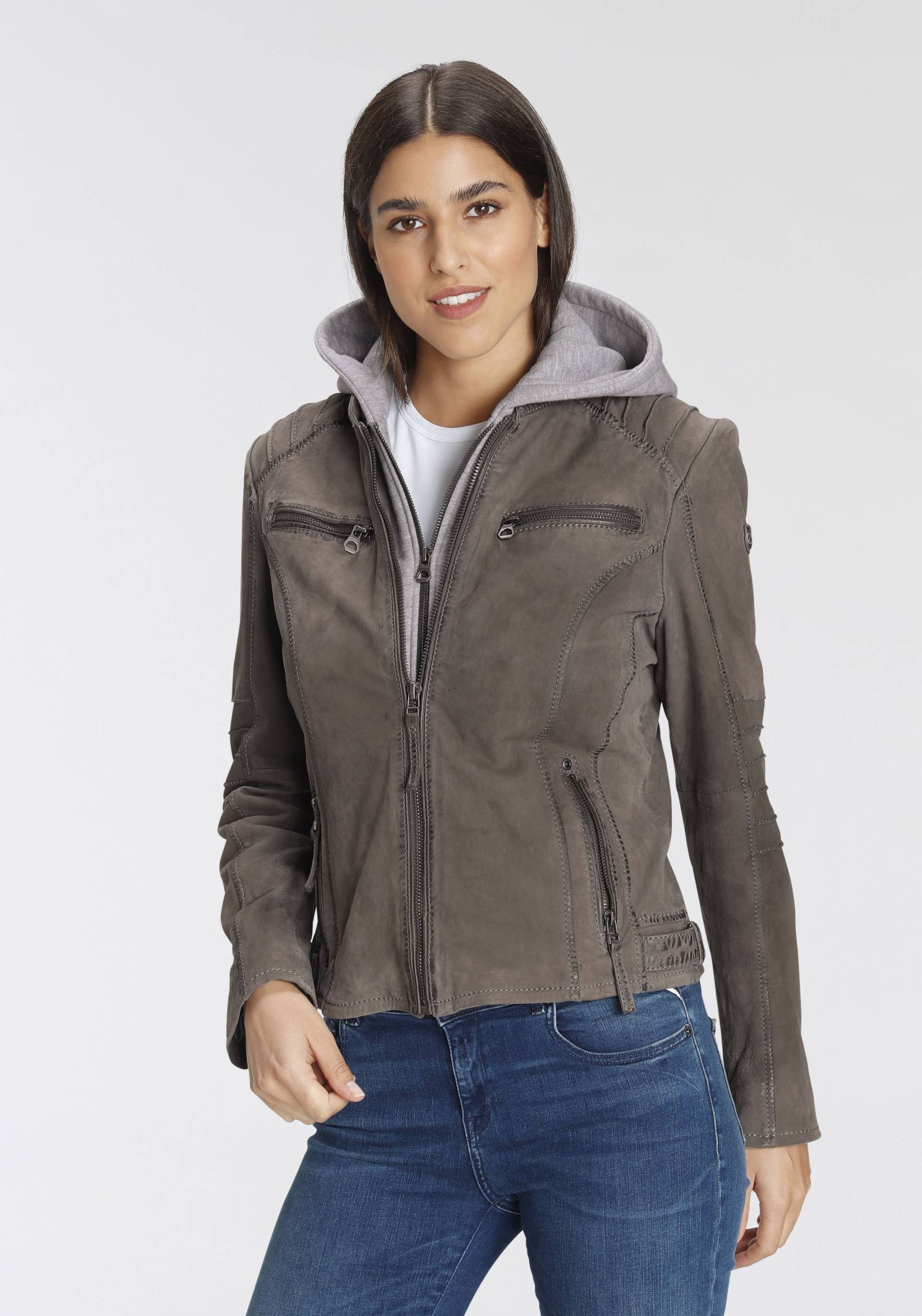 Mauritius Lederjacke »NOLAH«, mit Kapuze, Two-in-One Style - mit abnehmbarer Jersey-Kapuze Mauritius Lederjacke »NOLAH«, mit Kapuze, Two-in-One Style - mit abnehmbarer Jersey-Kapuze von Mauritius
