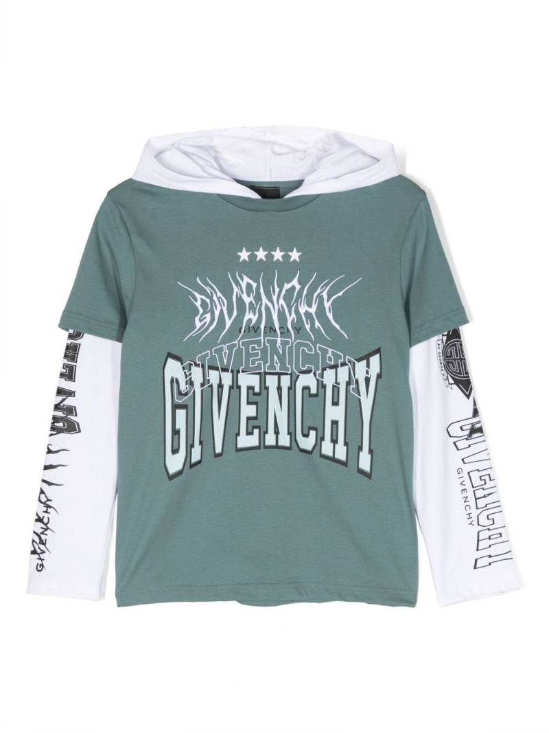 Givenchy Kids logo-print layered-sleeve hoodie - Green von Givenchy Kids