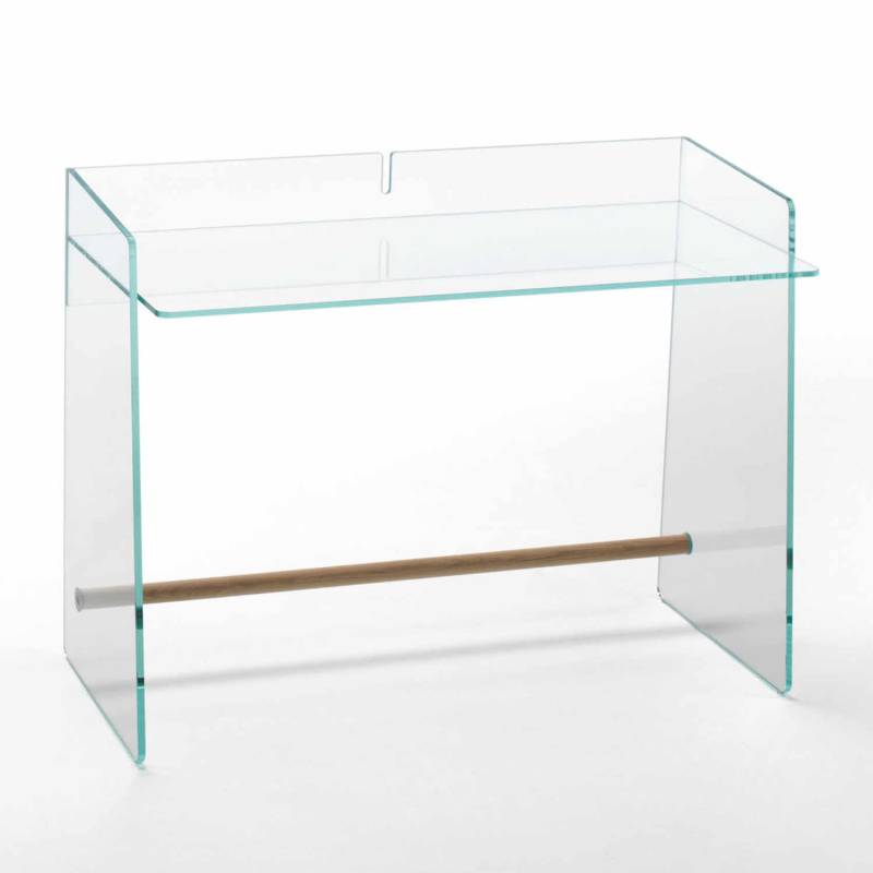 Pirandello Schreibtisch, Länge 110 cm, Glas extralight klarglas transparent, Fussstütze natureschenholz von Glas Italia