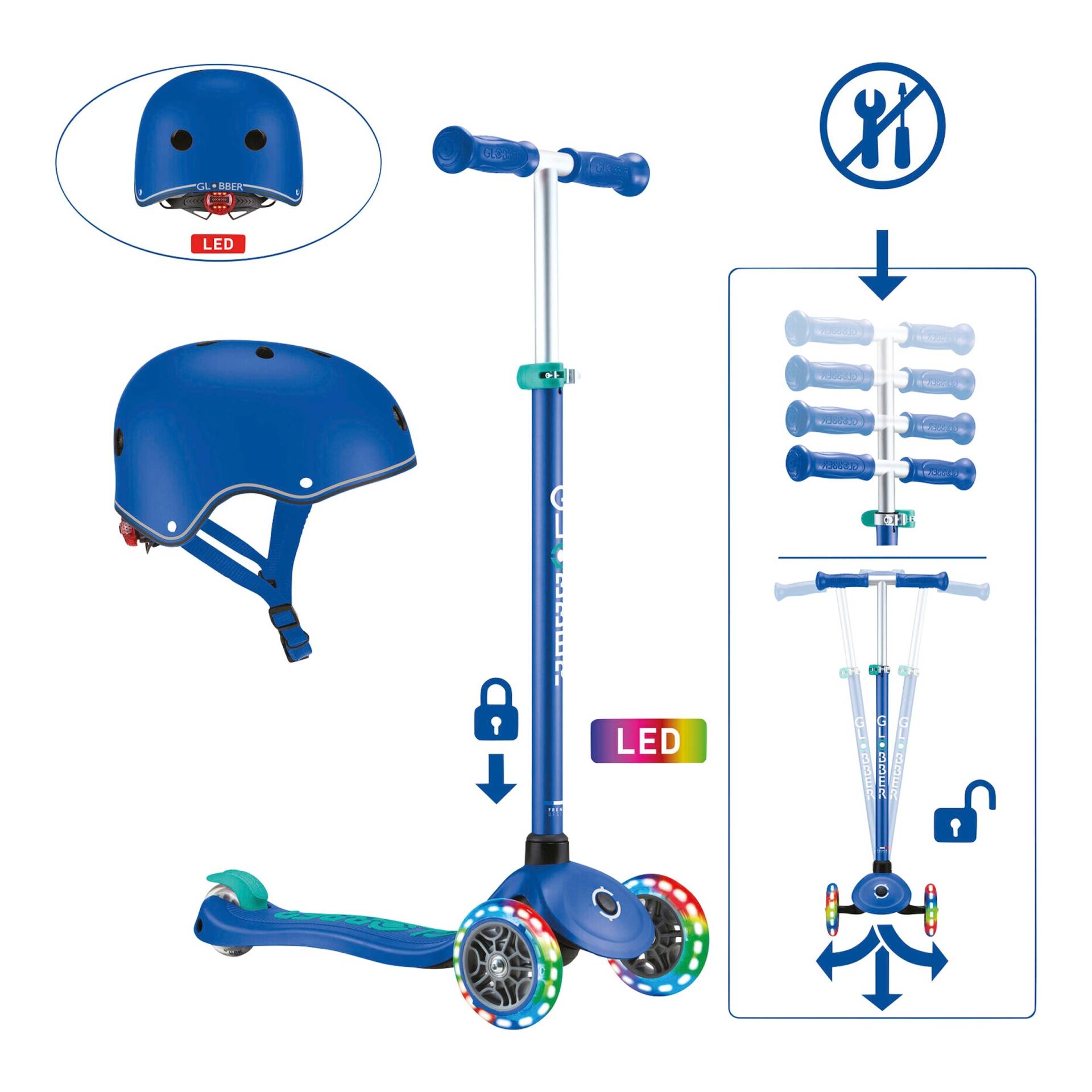 Scooter Primo Plus mit Leuchtrollen inkl. Helm von Globber