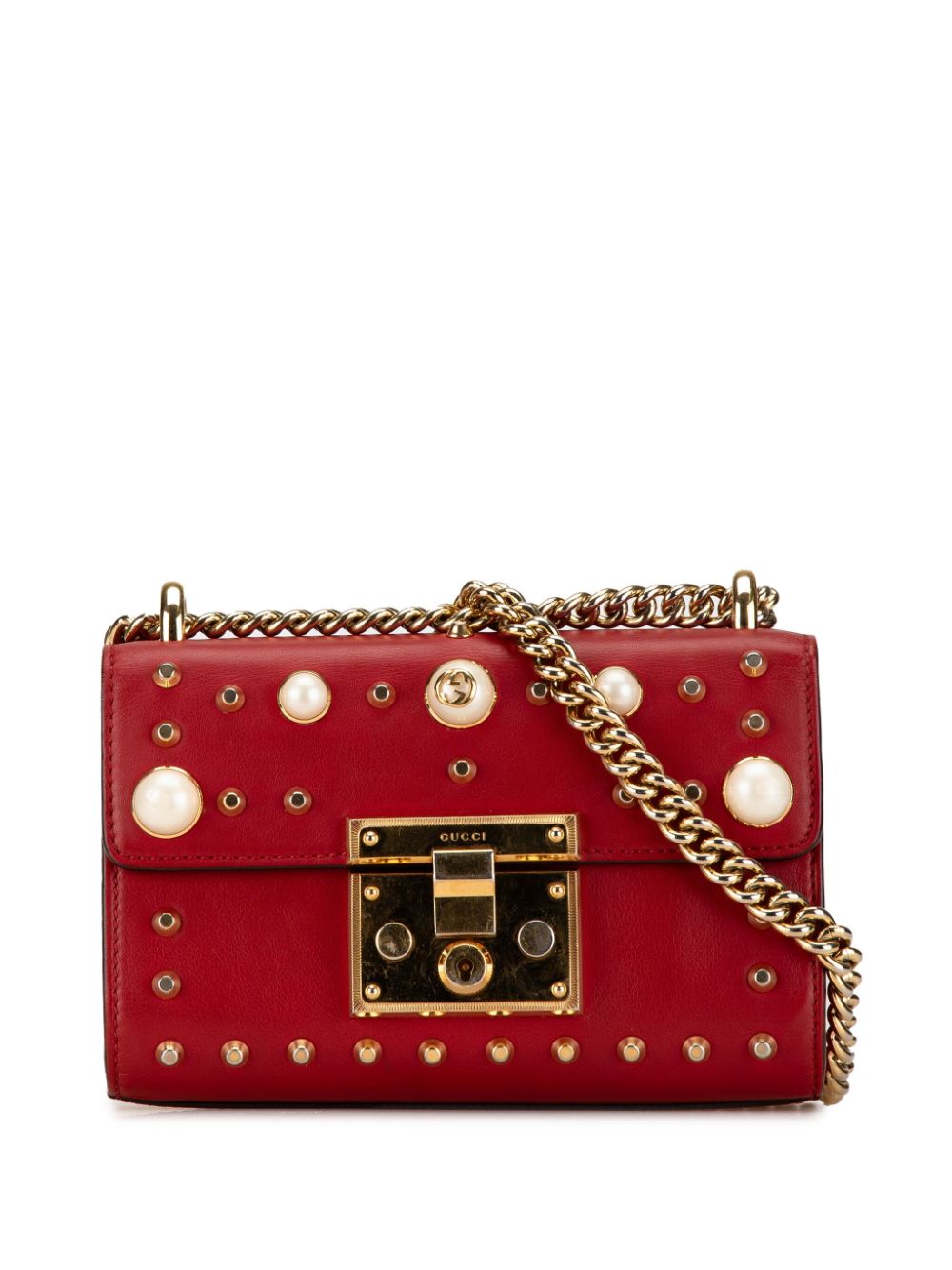 Gucci Pre-Owned 2016-2024 Small Pearl Studded Leather Padlock crossbody bag - Red von Gucci Pre-Owned