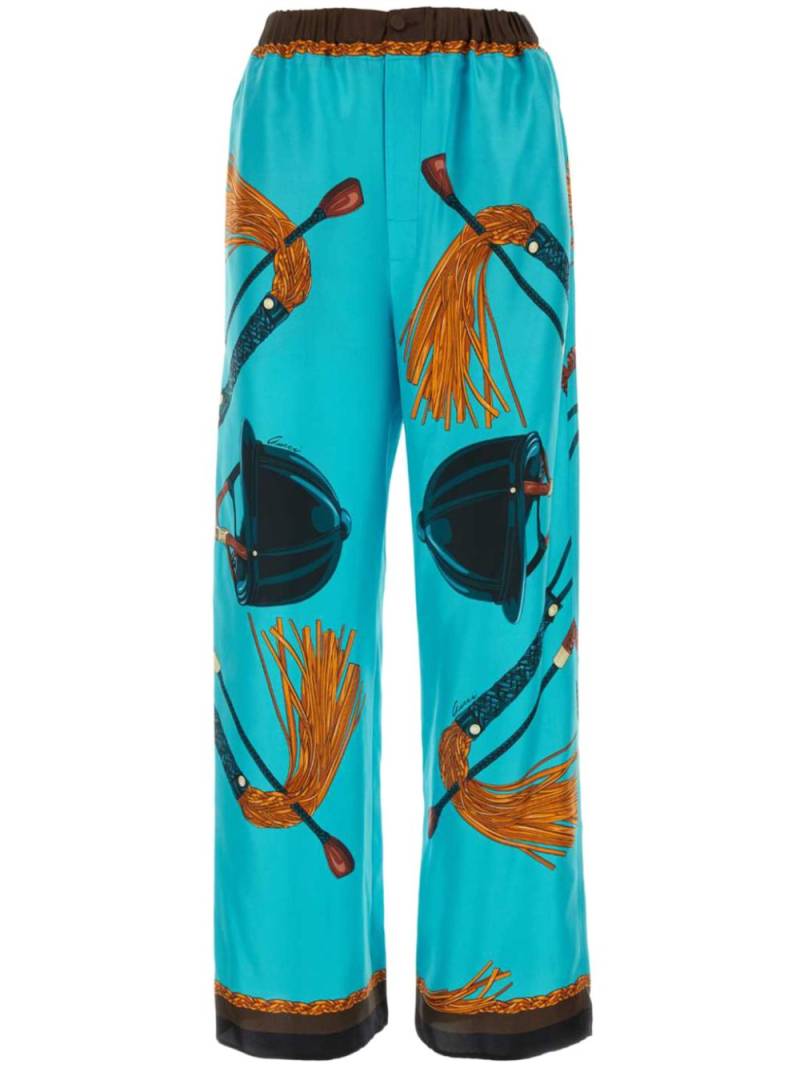 Gucci Equestrian-print silk trousers - Blue von Gucci