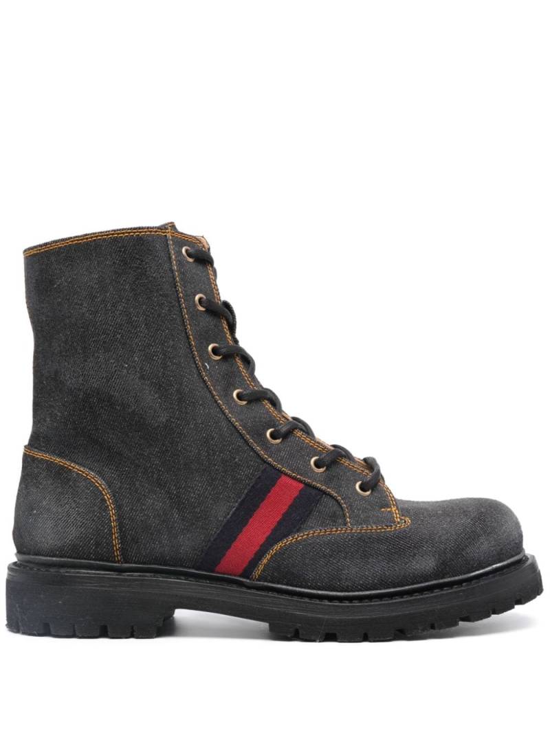 Gucci Web Stripe denim lace-up boots - Grey von Gucci