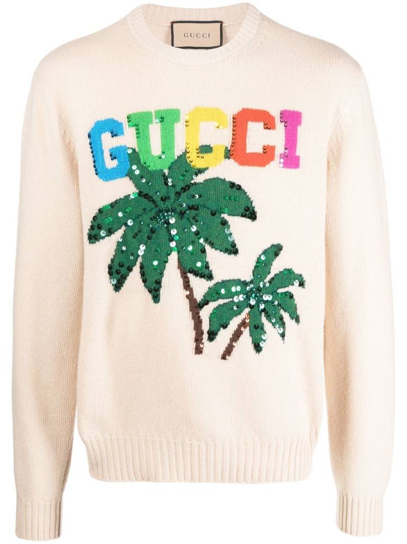 Gucci palm tree-print wool jumper - Neutrals von Gucci