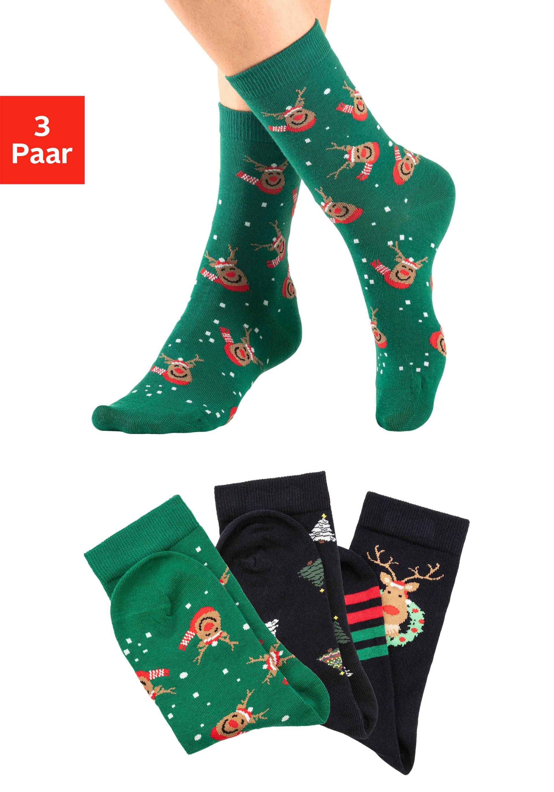 H.I.S Basicsocken »Weihnachtssocken«, (Packung, 3 Paar), mit weihnachtlichen Motiven von H.I.S