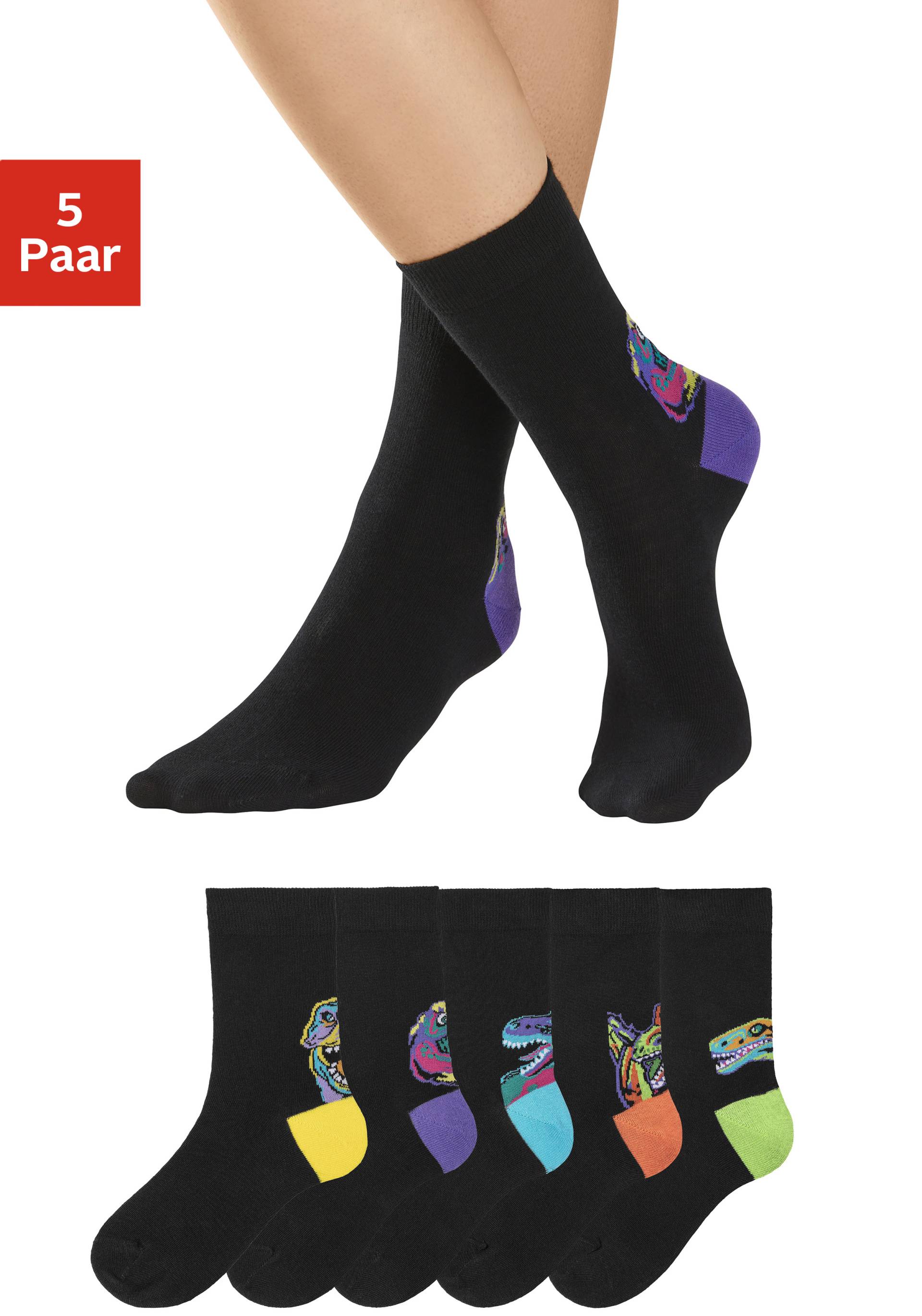 H.I.S Freizeitsocken, (Packung, 5 Paar), mit farbenfrohen Dino Motive über der Ferse von H.I.S