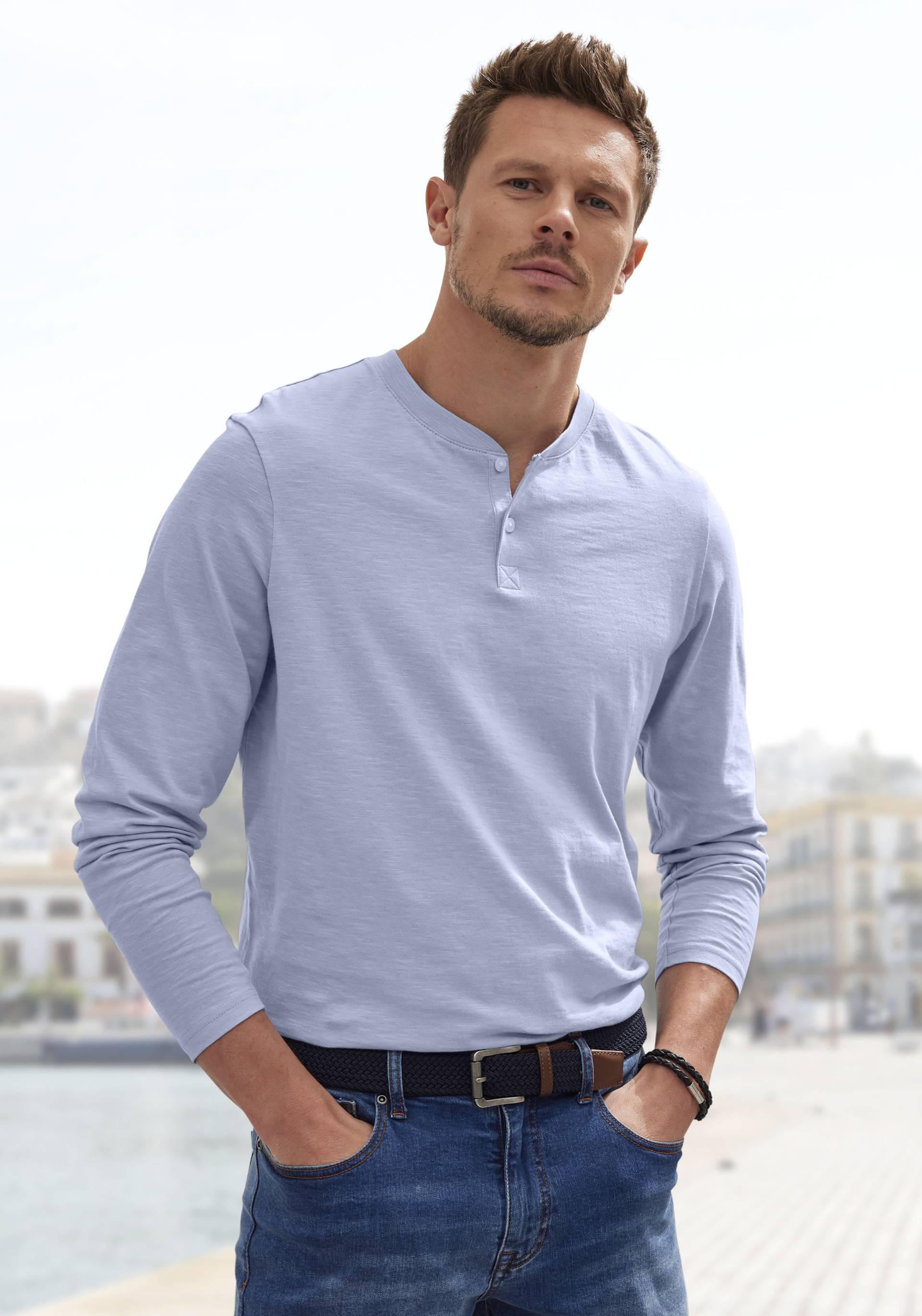 H.I.S Henleyshirt, Langarm, Shirt mit Knopfleiste aus strukturierter Baumwoll-Qualität H.I.S Henleyshirt, Langarm, Shirt mit Knopfleiste aus strukturierter Baumwoll-Qualität von H.I.S