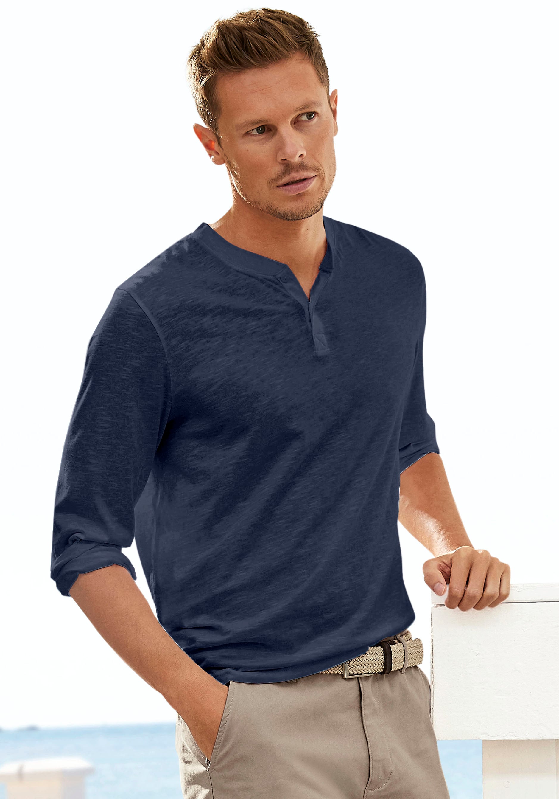 H.I.S Henleyshirt, Langarm, Shirt mit Knopfleiste aus strukturierter Baumwoll-Qualität H.I.S Henleyshirt, Langarm, Shirt mit Knopfleiste aus strukturierter Baumwoll-Qualität von H.I.S