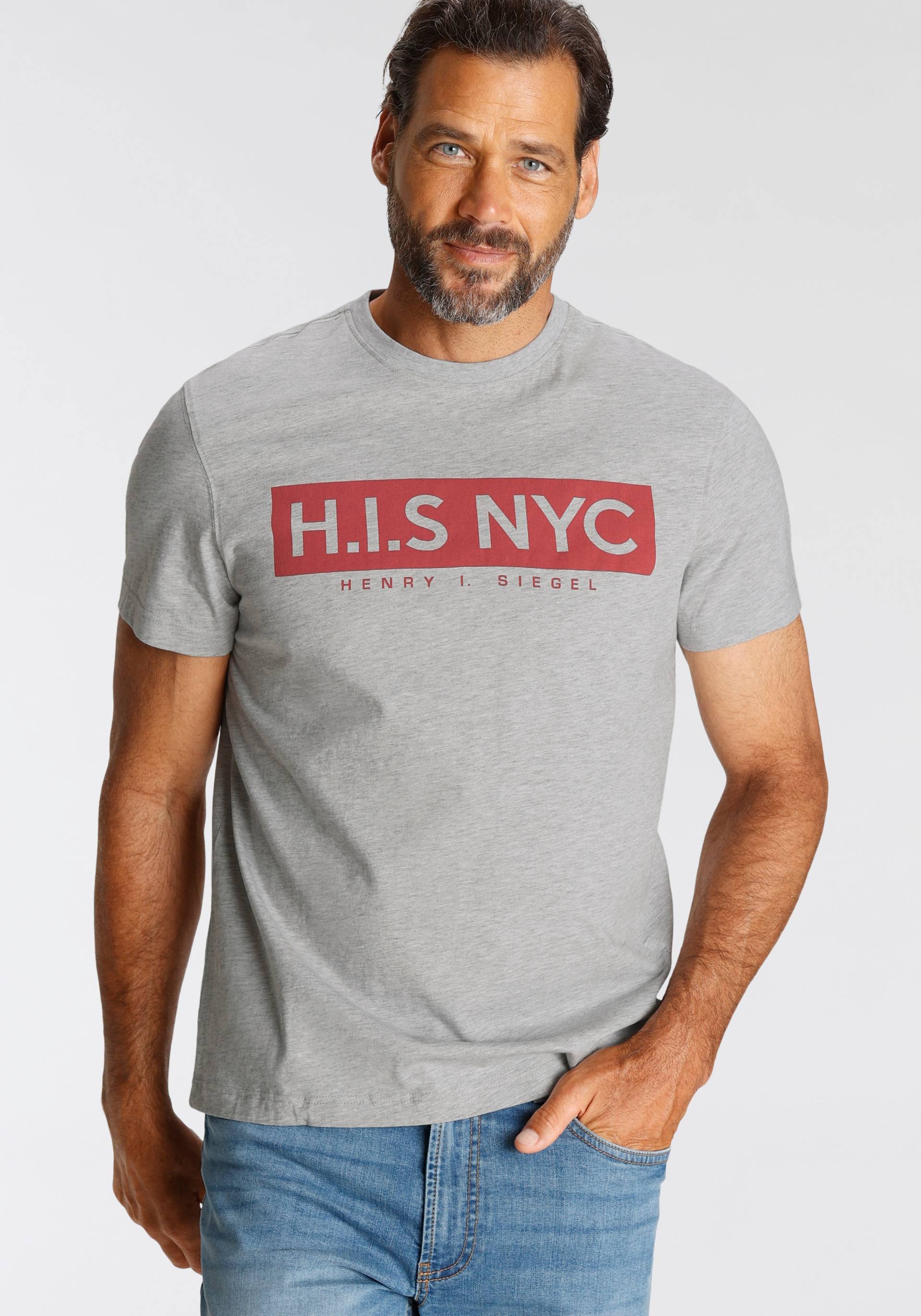 H.I.S Rundhalsshirt, schmale Passform, bedrucktes Design, aus 100% Baumwolle H.I.S Rundhalsshirt, schmale Passform, bedrucktes Design, aus 100% Baumwolle von H.I.S