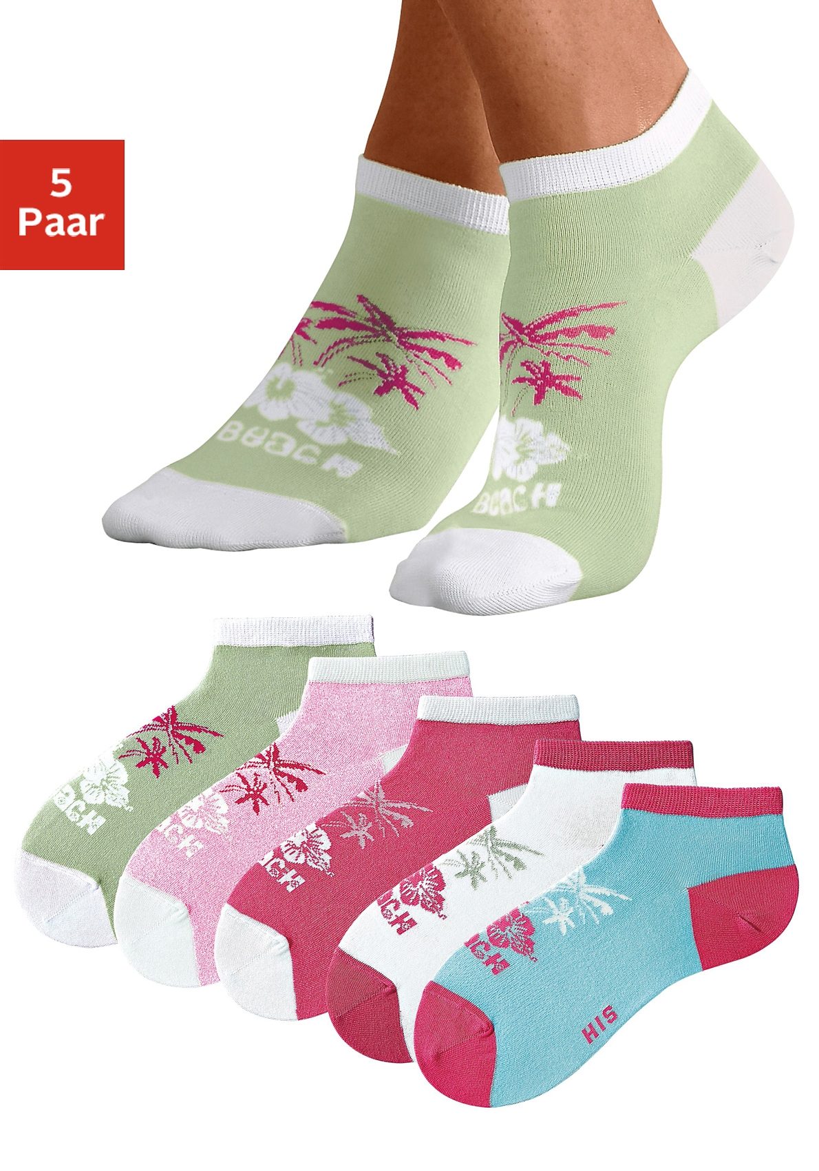 H.I.S Sneakersocken, (Packung, 5 Paar), im farbenfrohen Hawaii Design von H.I.S