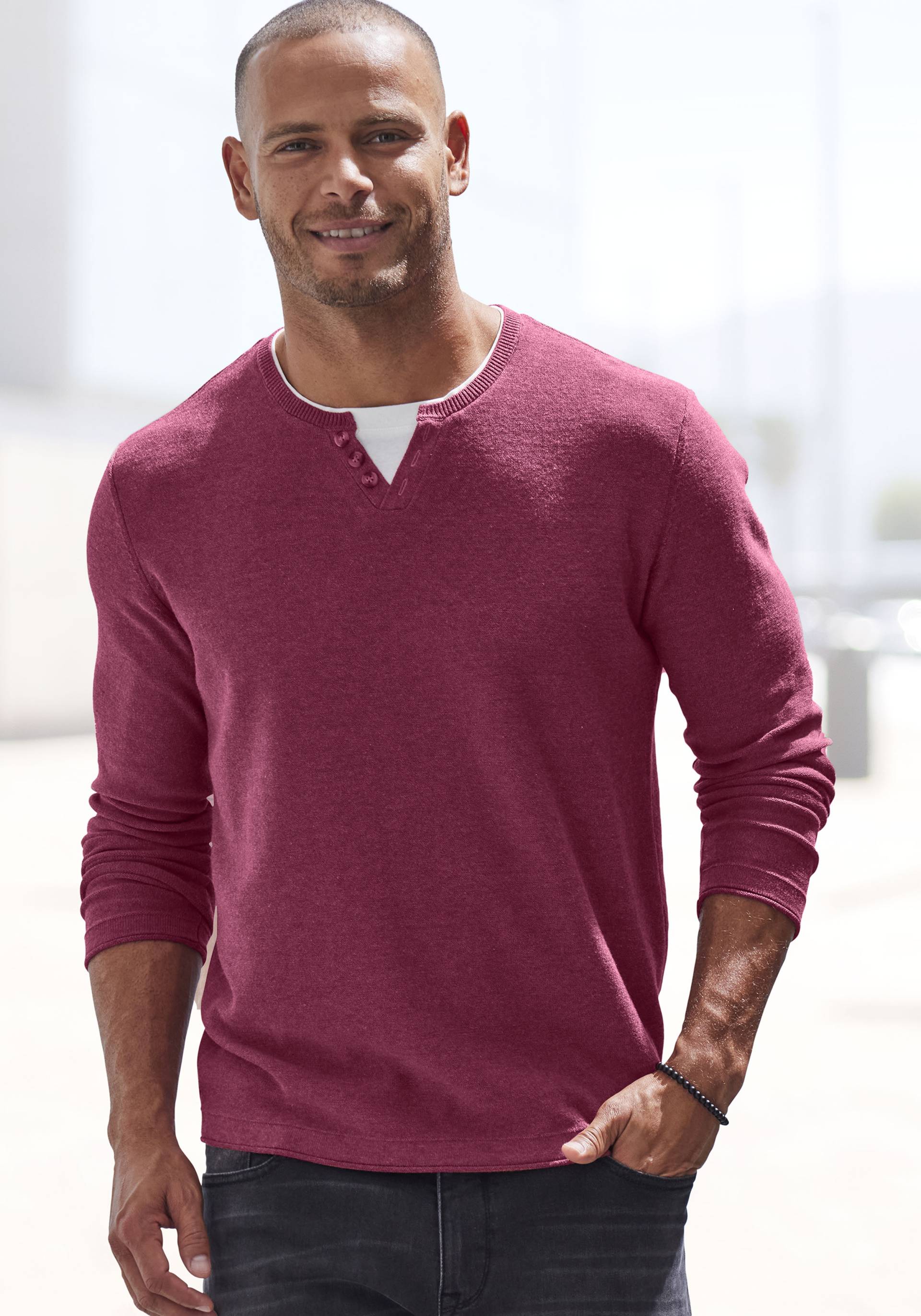 H.I.S Strickpullover, Pullover mit hochwertiger Halslochverarbeitung in double-layer Optik von H.I.S