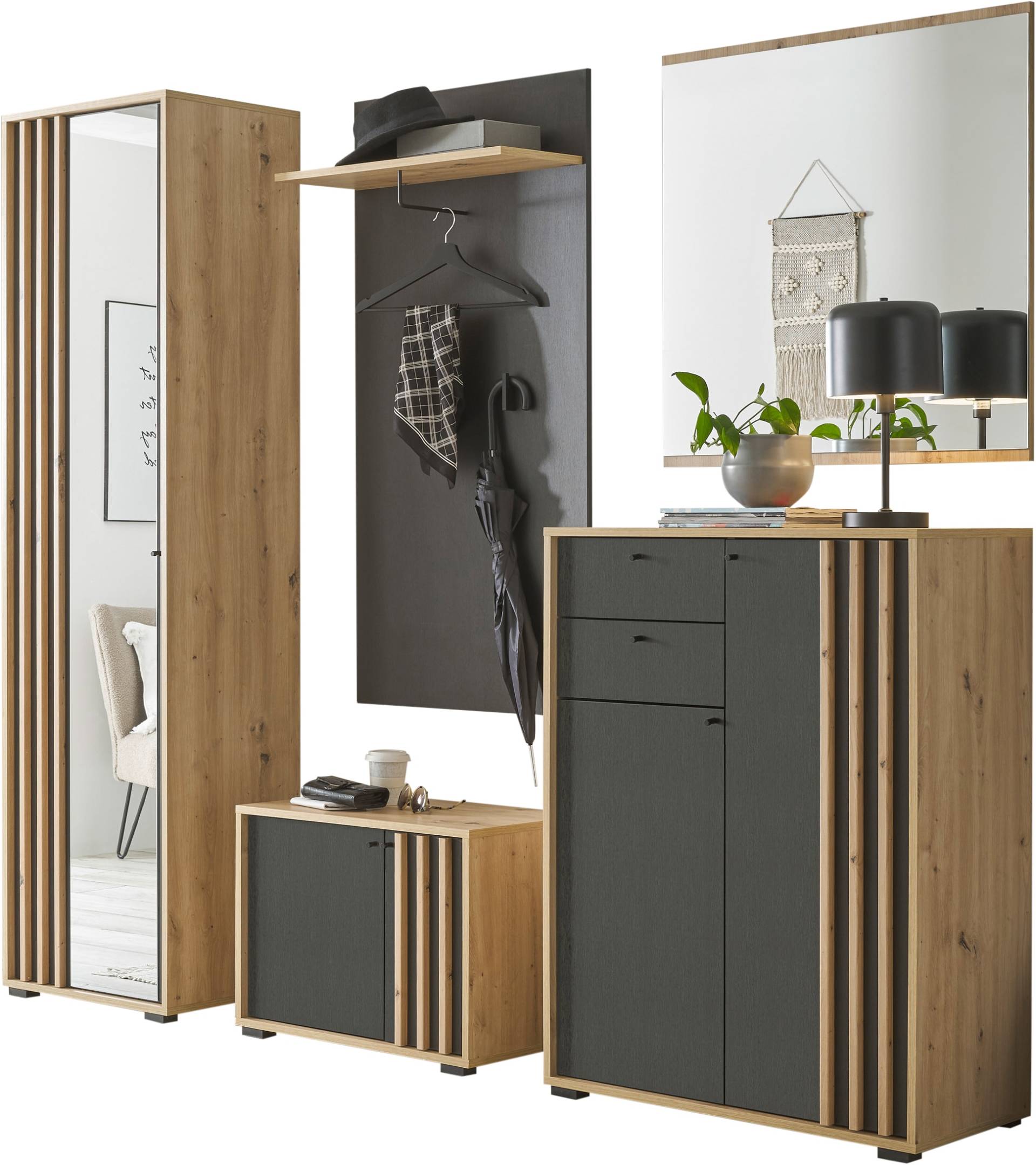 HBZ Garderoben-Set »5-tlg. Eiche MDF Stripes Flurgarderobe Stellmass BxHxT 230x196x38 cm«, (5 St.), Mit Schuhkommode, Hochschrank, Bank, Paneel, Spiegel von HBZ