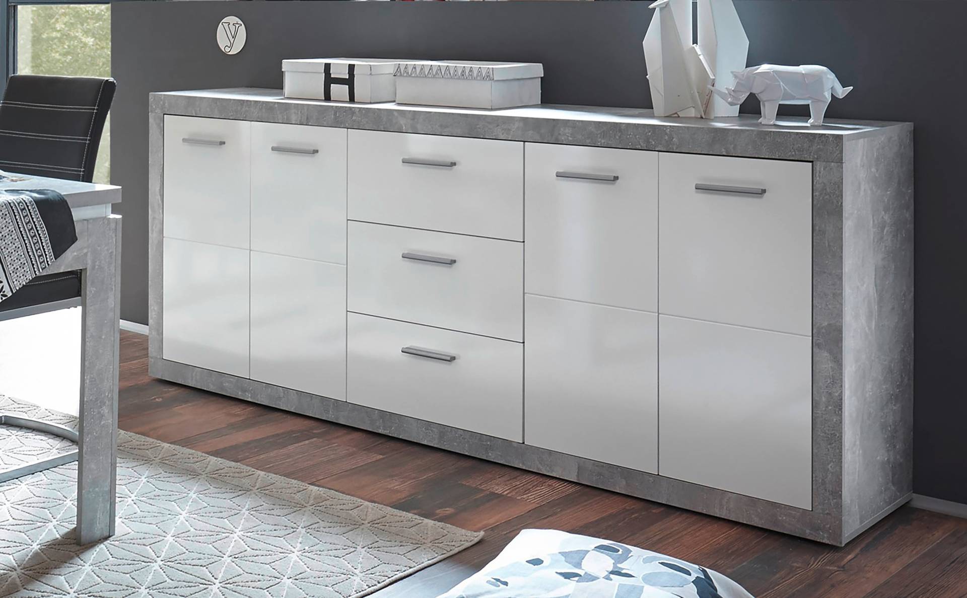 HBZ Sideboard »Stone weiss Hochglanz, Wohnzimmerschrank BxHxT 206x90x45 cm«, (1 St.), Mit 4 Türen, 3 geräumigen Schubkästen, 2 Einlegeböden verstellbar von HBZ