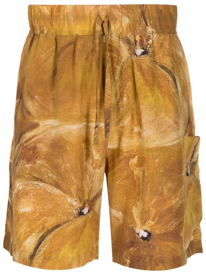 Handred painterly-print silk drawstring shorts - Yellow von Handred