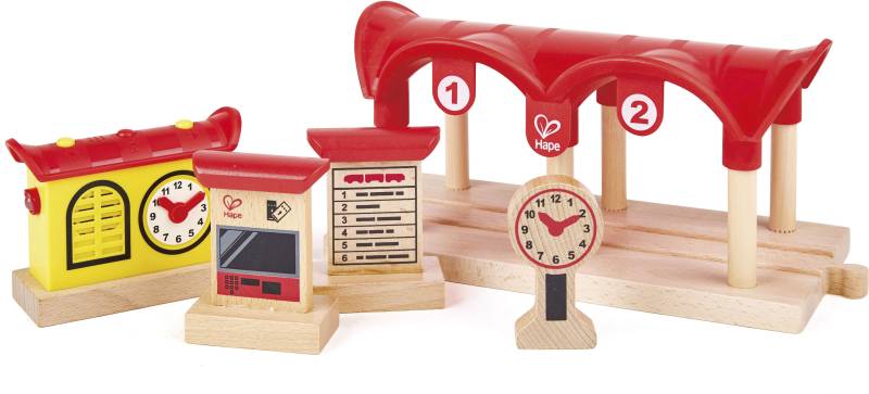 Hape Spielzeugeisenbahn-Gebäude »Bahnhof mit Aufnahmefunktion«, (Set, 5 tlg.), aus Holz von Hape