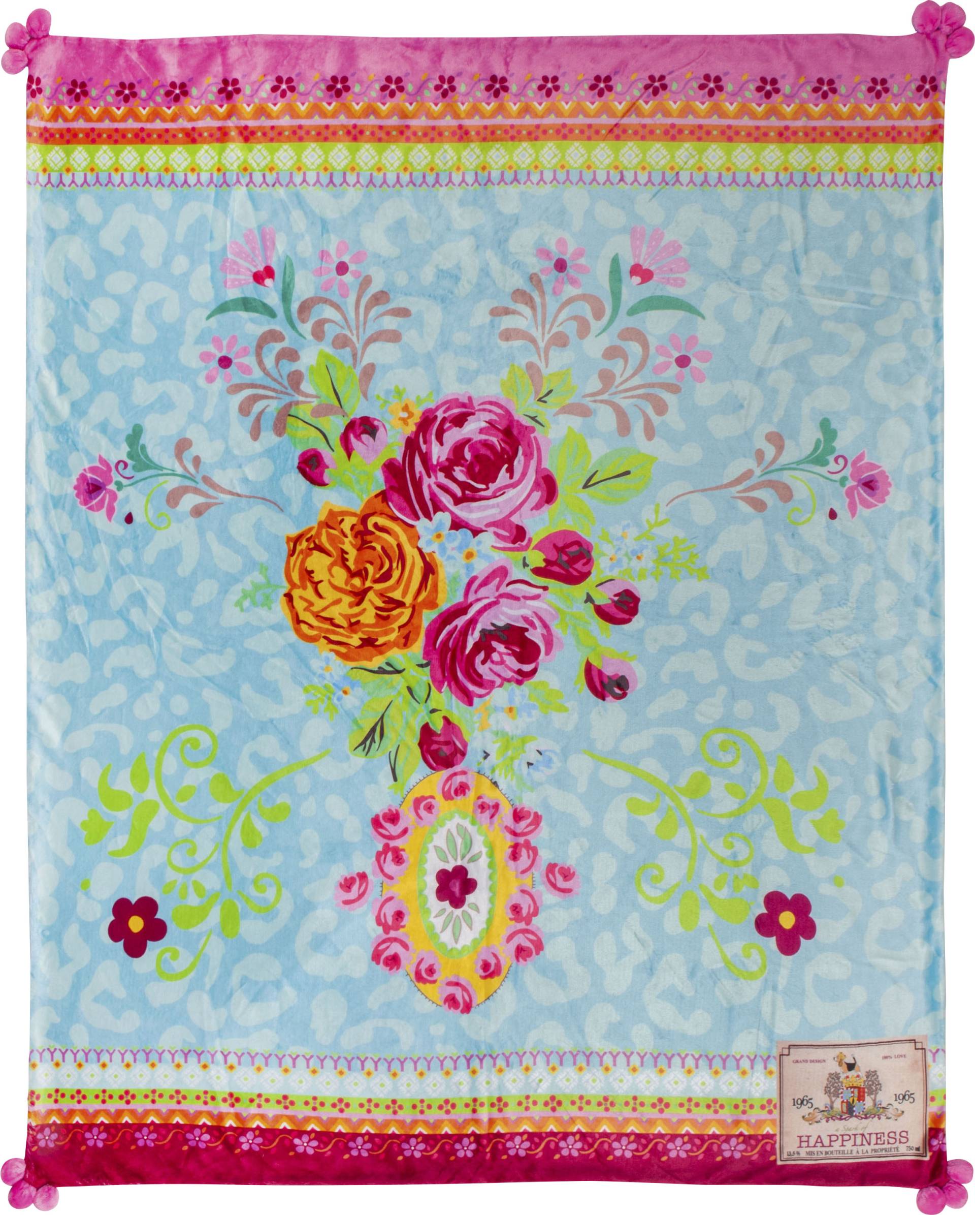 Happiness Plaid »Wild Rose«, Weich, Kuscheldecke, 130x160 cm, Wendeoptik, Mit Pompoms, Blumen, Bunt von Happiness