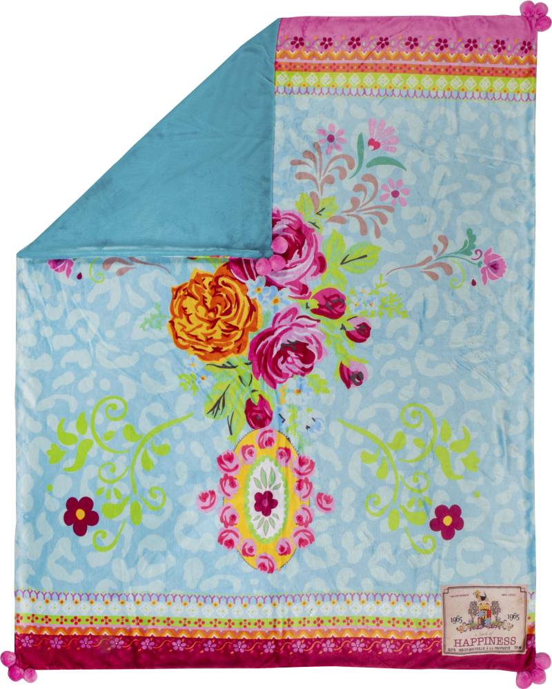 Happiness Plaid »Wild Rose«, Weich, Kuscheldecke, 130x160 cm, Wendeoptik, Mit Pompoms, Blumen, Bunt von Happiness