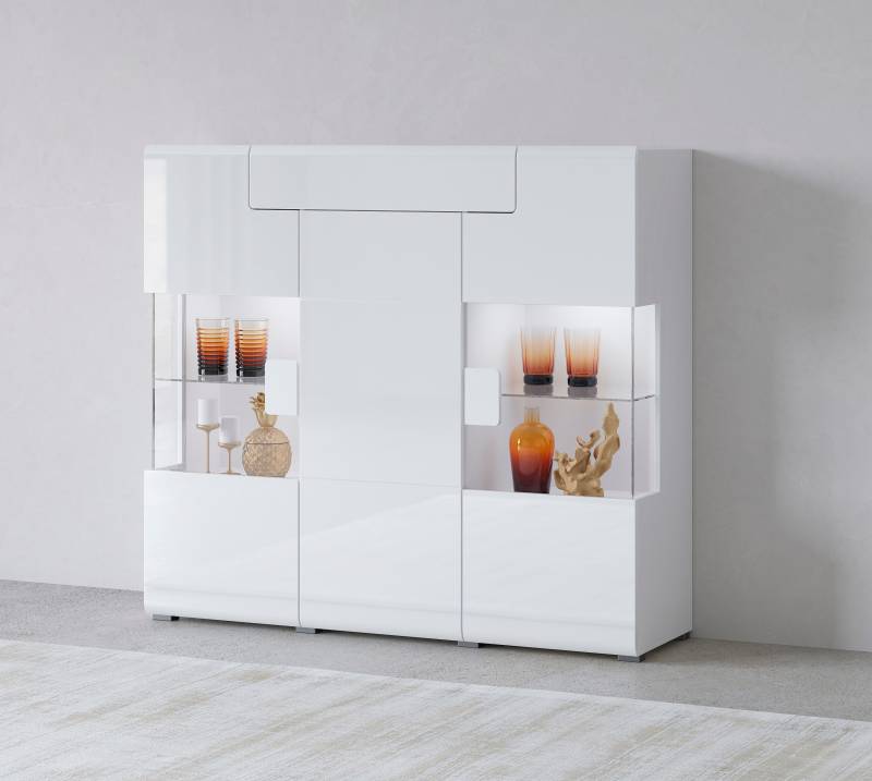 INOSIGN Highboard »Toledo,Breite 147,5cm,trendige Hochkommode mit 3Türen und Schublade«, Hochschrank mit Glas-Partien,stylische Hochglanzfronten von INOSIGN