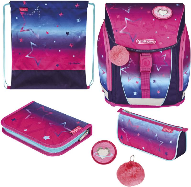 Herlitz Schulranzen »FiloLight Plus, Pink Stars«, Floureszierende Flächen-reflektierende Streifen auf den Schultergurten-Reflektoren, mit Sportbeutel, Etui, Faulenzer und Sportbeutel von Herlitz