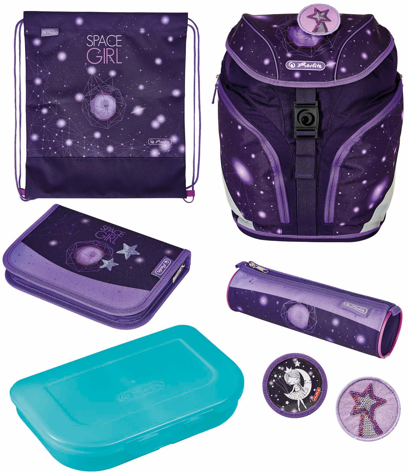 Herlitz Schulrucksack »SoftLight Plus, Space Girl«, Reflektoren-Floureszierende Flächen, mit 2 abnehmbaren Applikationen