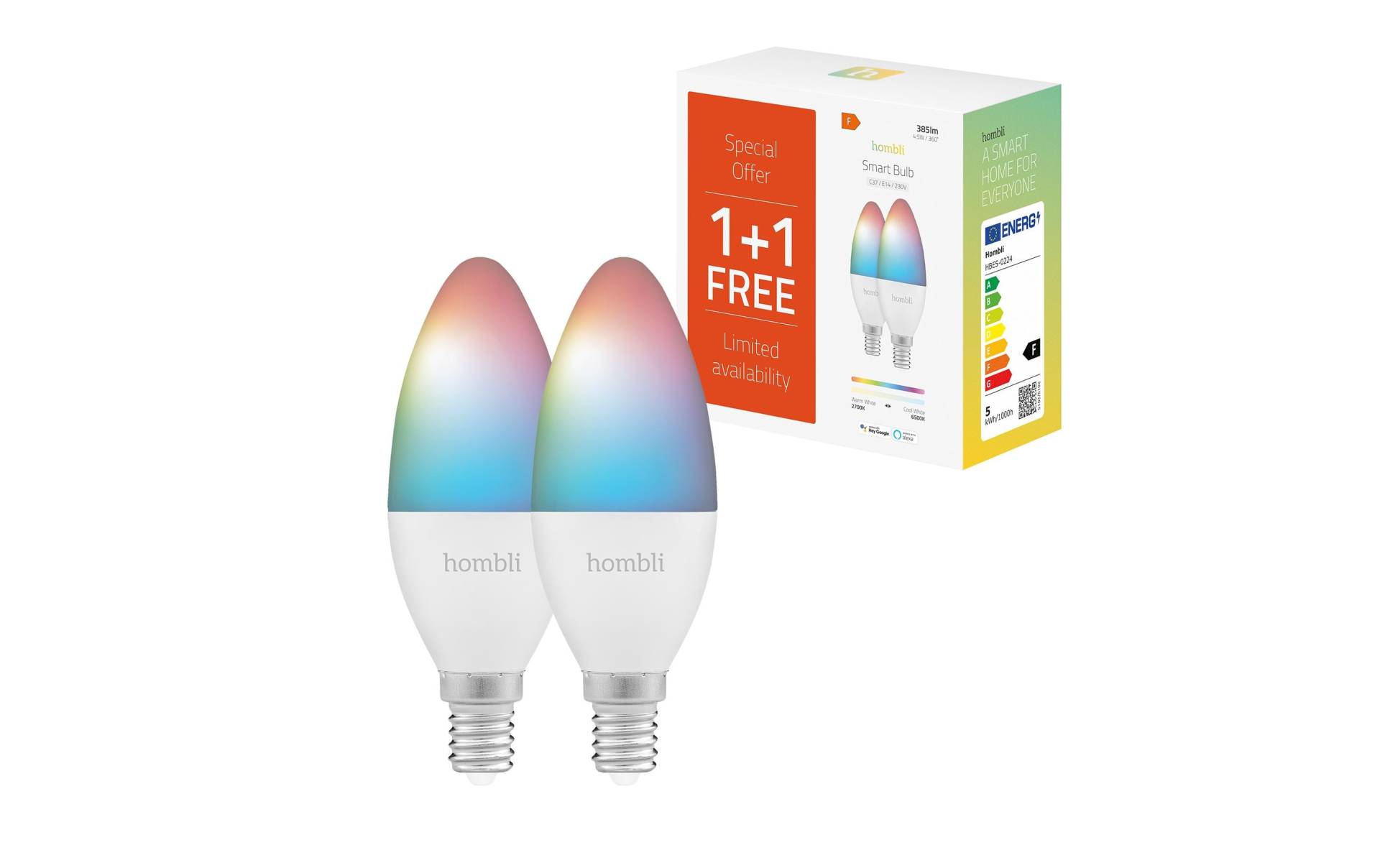 LED-Leuchtmittel »hombli E14 (4.5W) RGB + CCT 1+1 Pack«, E14, Farbwechsler-Warmweiss von Hombli