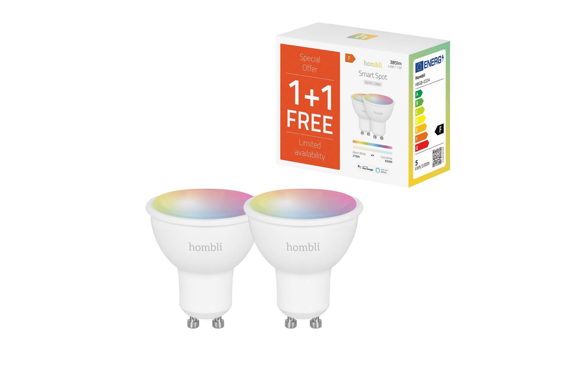 LED-Leuchtmittel »hombli GU10 (4.5W) RGB + CCT 1+1 Pack«, GU10, Farbwechsler von Hombli