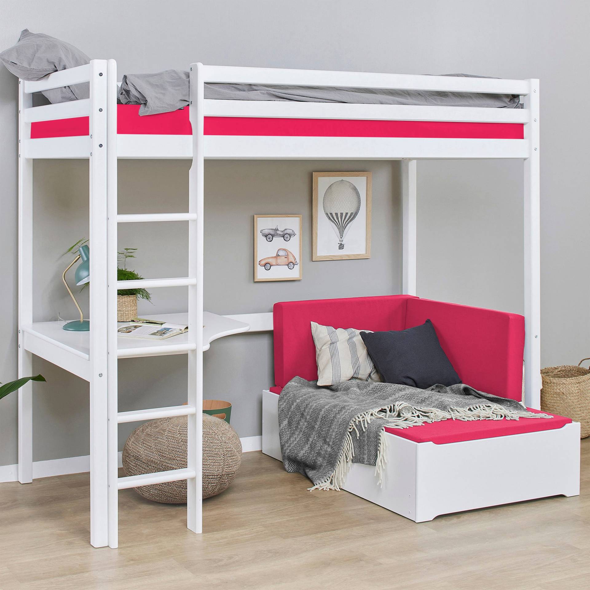 Hoppekids Hochbett »ECO Dream 90x200 mit Schreibtisch & Loungesofa / Gästebett«, Kinderbett aus Massivholz, Sofa ausziehbar zum Gästebett Hoppekids Hochbett »ECO Dream 90x200 mit Schreibtisch & Loungesofa / Gästebett«, Kinderbett aus Massivholz, Sofa ausziehbar zum Gästebett von Hoppekids