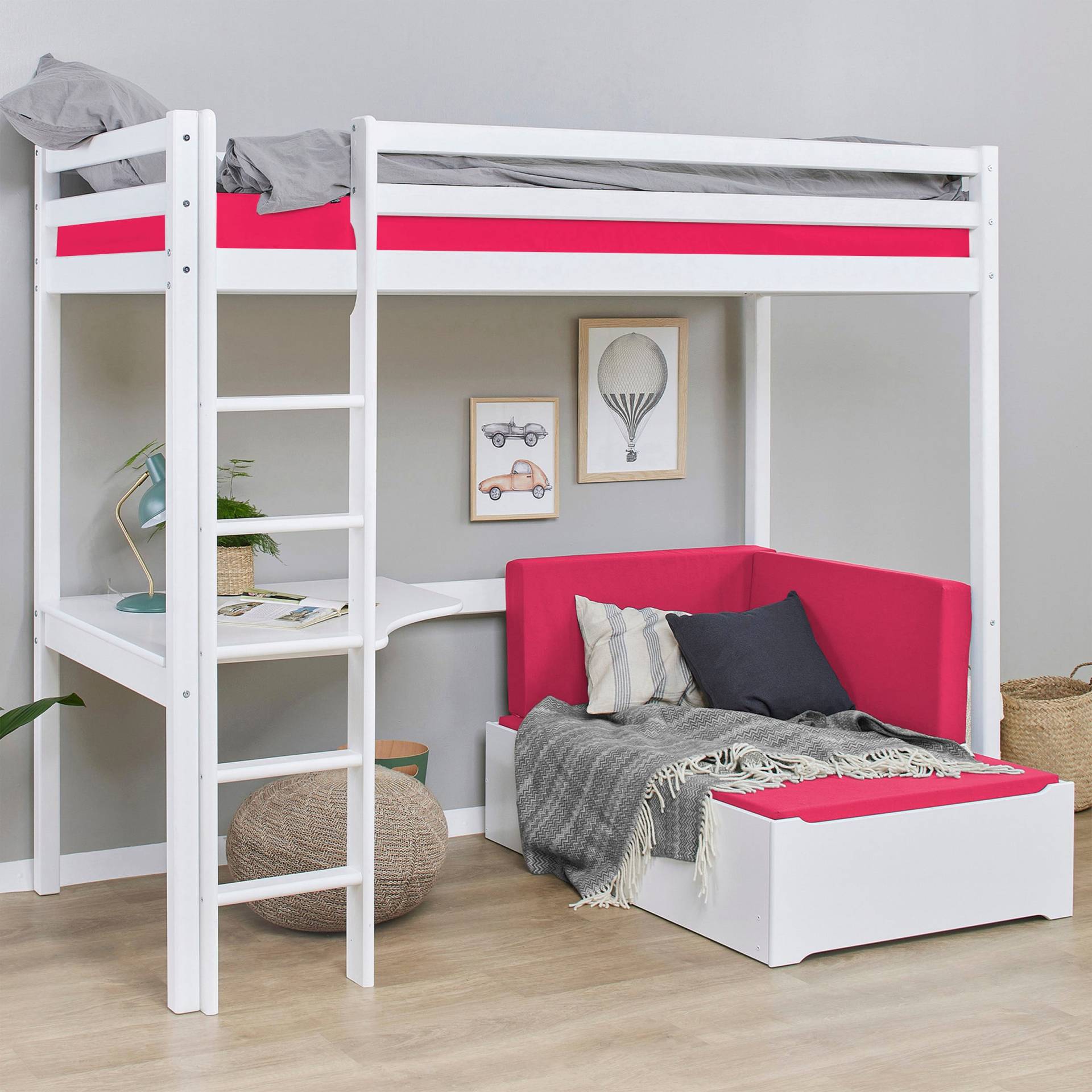 Hoppekids Hochbett »ECO Dream, Kinderbett mit Trittleiter, 90x200cm«, FSC® zert. Massivholz, Schreibtisch, Loungesofa inkl. passende Polster von Hoppekids