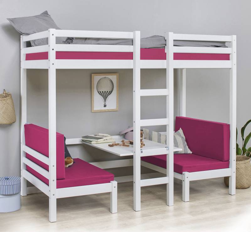 Hoppekids Hochbett »ECO Dream JUMBO B/T/H 101/208/170 cm, umbaubar zum Etagenbett«, mit Sitzgruppe, Matratzen (oben u unten) in pink, Kiefer massiv/MDF von Hoppekids