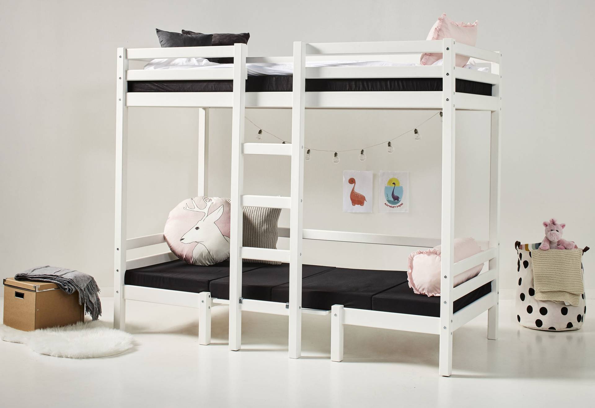 Hoppekids Hochbett »ECO Dream JUMBO B/T/H 101/208/170 cm, umbaubar zum Etagenbett«, mit Sitzgruppe, Matratzen (oben u unten) in schwarz, Kiefer massiv/MDF von Hoppekids