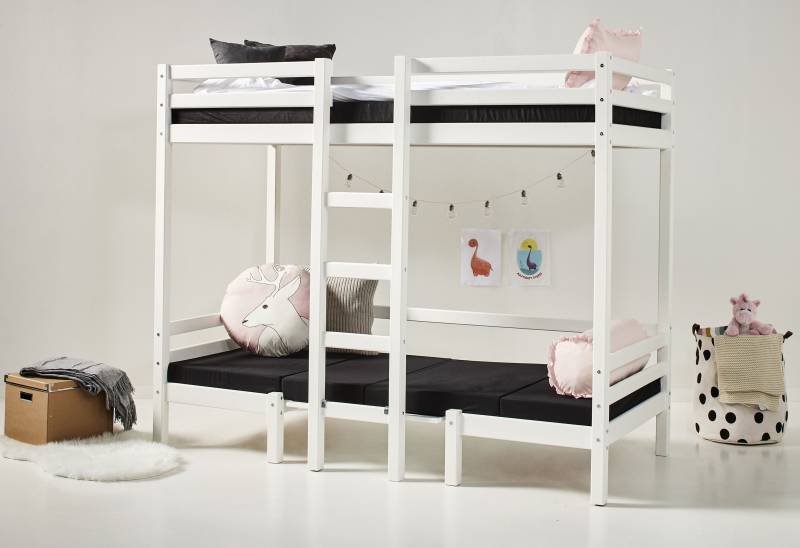 Hoppekids Hochbett »ECO Dream JUMBO B/T/H 101/208/170 cm, umbaubar zum Etagenbett«, mit Sitzgruppe, Matratzen (oben u unten) in schwarz, Kiefer massiv/MDF von Hoppekids