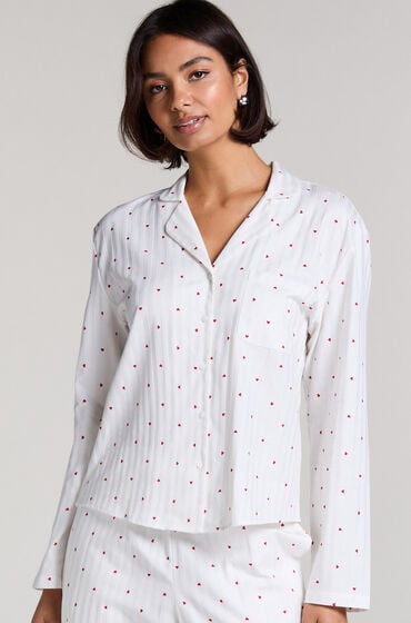 Hunkemöller Jacquard Pyjama-Oberteil mit Herzen und Langarm Weiß von Hunkemöller