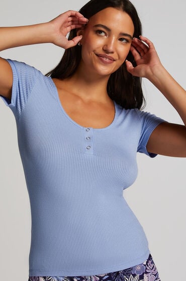 Hunkemöller Kurzärmeliges Pyjama-Top Henley Blau von Hunkemöller