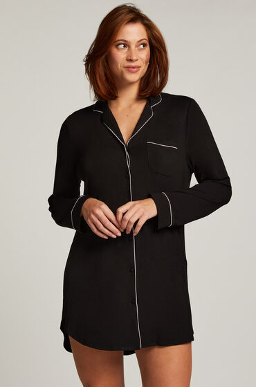 Hunkemöller Langärmeliges Jersey-Hemdkleid Essential Schwarz von Hunkemöller