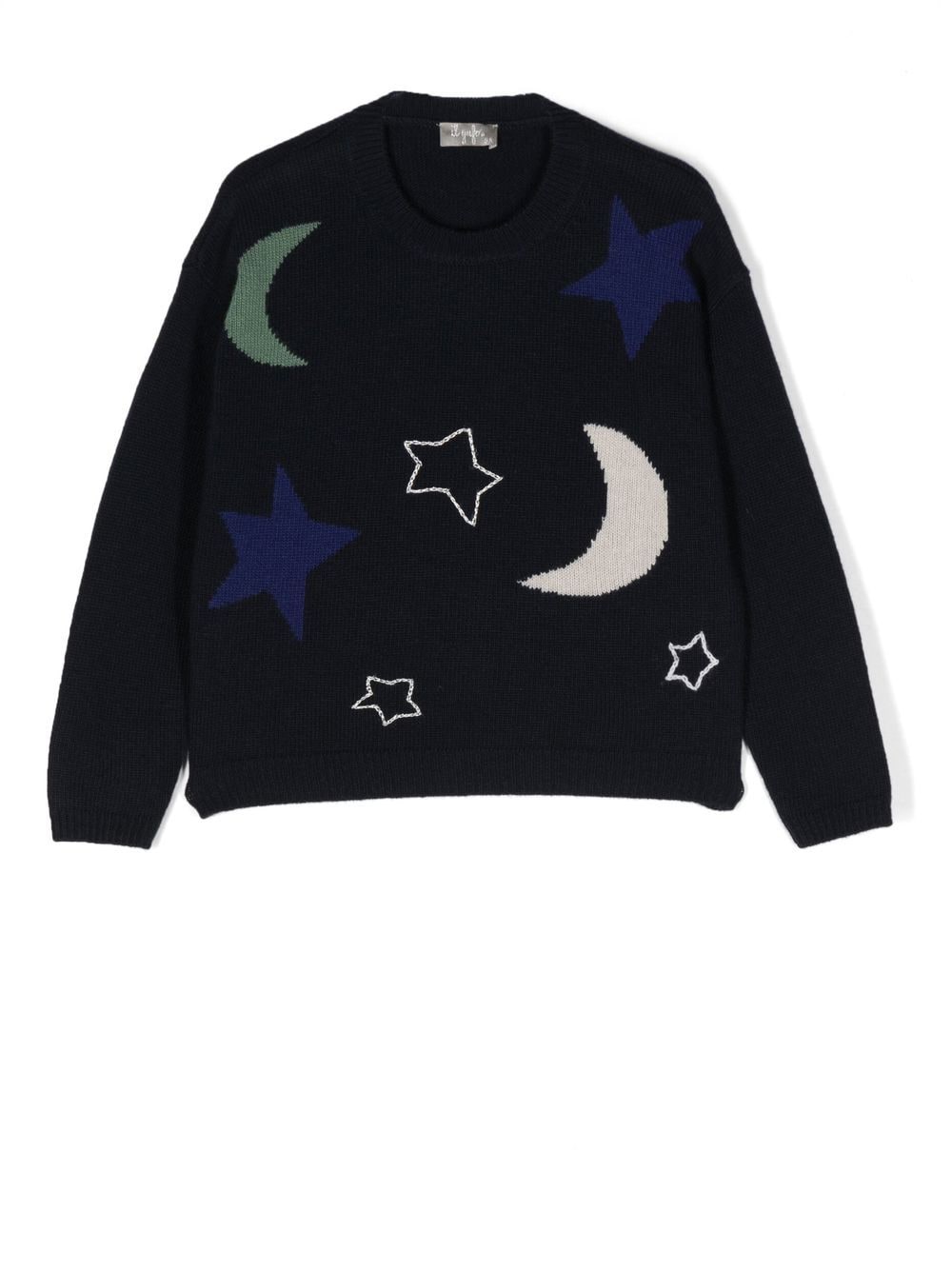 Il Gufo star and moon intarsia jumper - Blue von Il Gufo