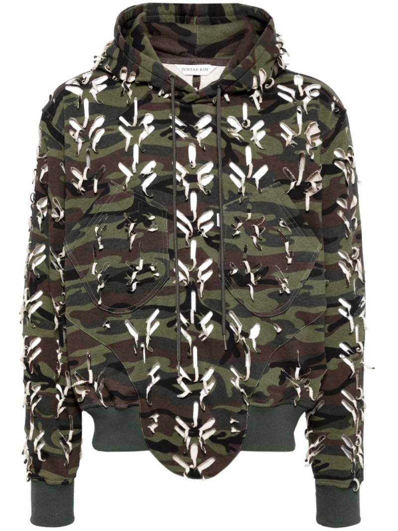 JUNTAE KIM ripped camouflage-print cotton hoodie - Green von JUNTAE KIM