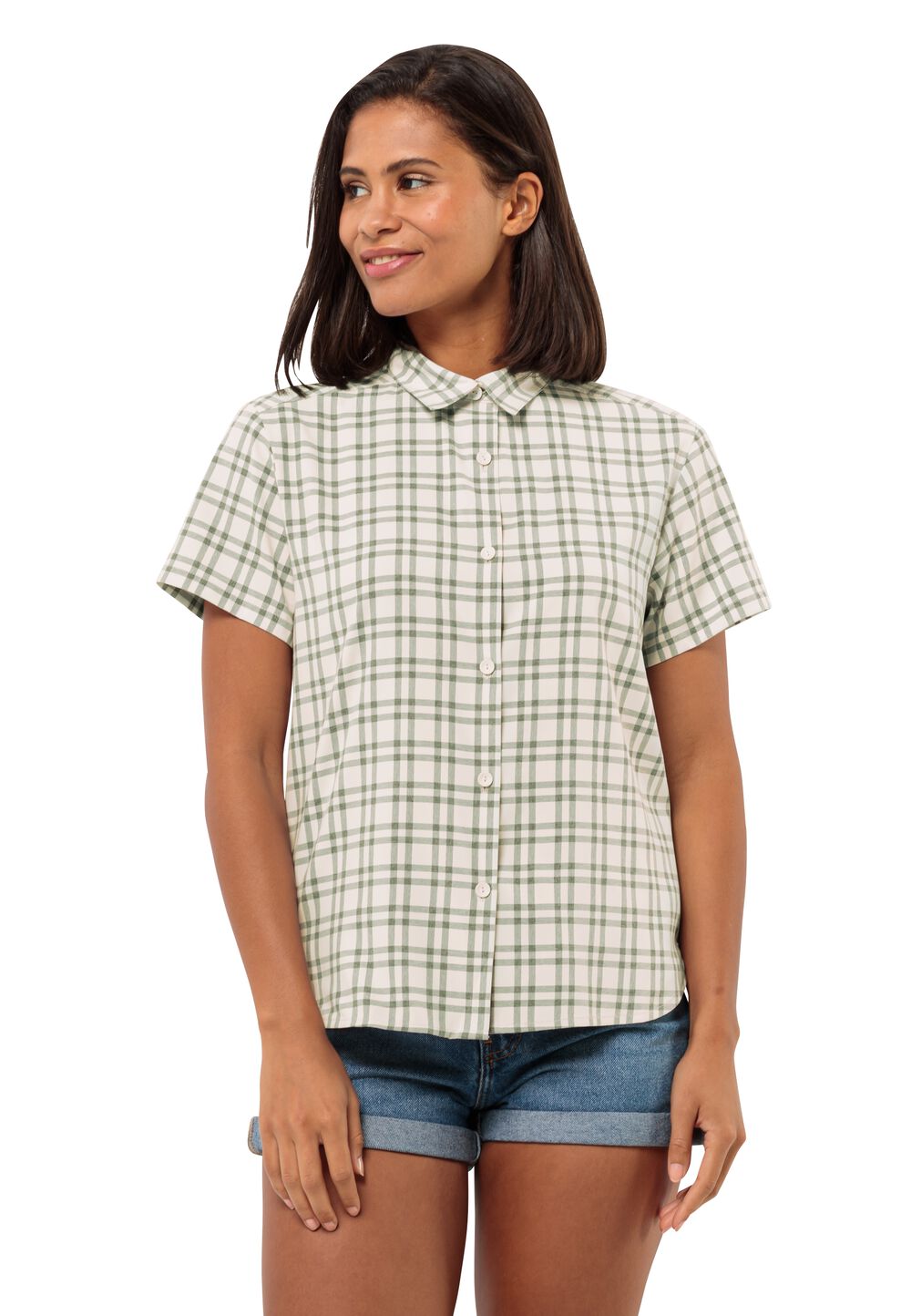 Jack Wolfskin Kurzarm Bluse Damen Febla Shirt Women XS bay leaf check Bay Leaf Check von Jack Wolfskin