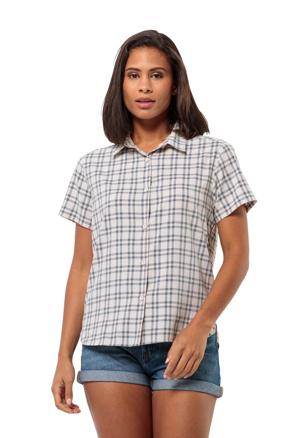 Jack Wolfskin Kurzarm Bluse Damen Febla Shirt Women XS night blue checks Night Blue Checks von Jack Wolfskin