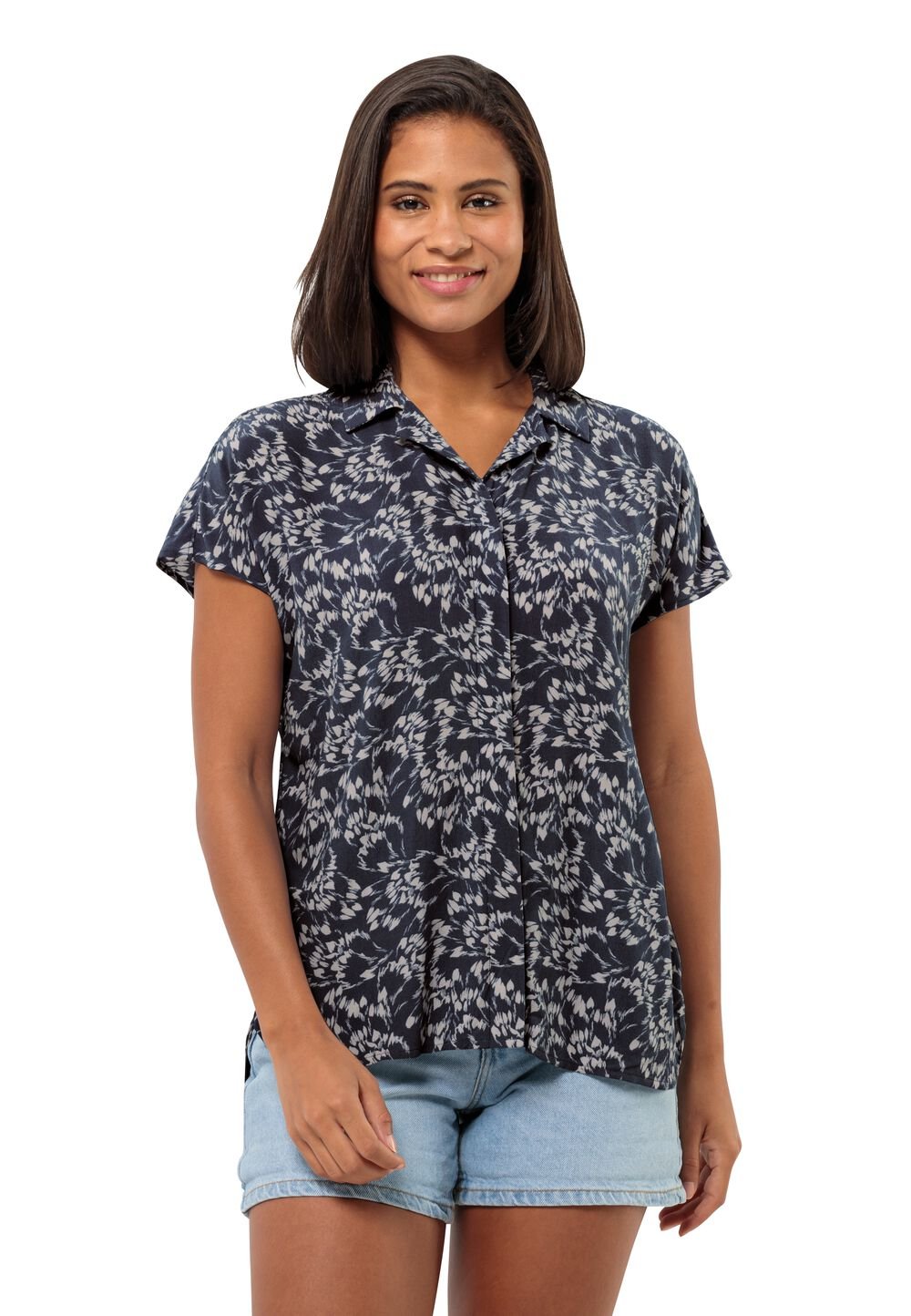 Jack Wolfskin Kurzarm Bluse Damen Sommerwiese Shirt Women M leaves night blue Leaves Night Blue von Jack Wolfskin