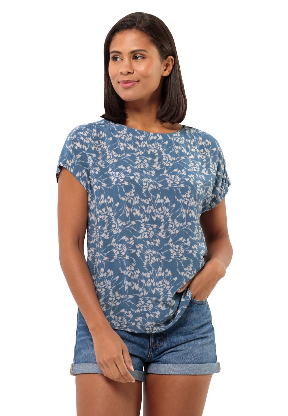 Jack Wolfskin Kurzarm Bluse Damen Sommerwiese T-Shirt Women L leaves elemental blue Leaves Elemental Blue von Jack Wolfskin