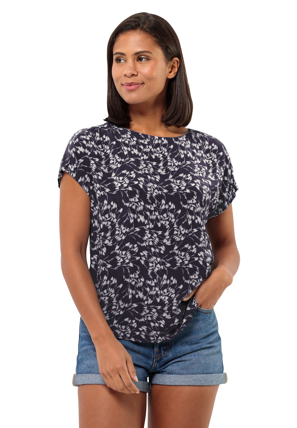 Jack Wolfskin Kurzarm Bluse Damen Sommerwiese T-Shirt Women M leaves night blue Leaves Night Blue von Jack Wolfskin