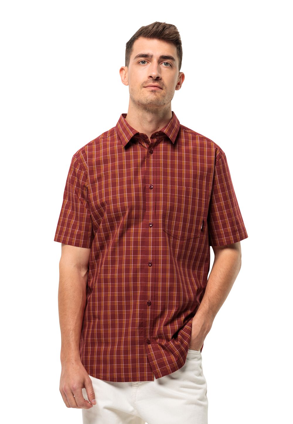 Jack Wolfskin Kurzarm Wanderhemd Herren Hot Springs Shirt Men S deep ruby check Deep Ruby Check von Jack Wolfskin