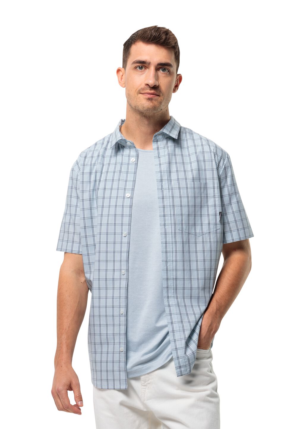 Jack Wolfskin Kurzarm Wanderhemd Herren Hot Springs Shirt Men S soft blue check Soft Blue Check von Jack Wolfskin