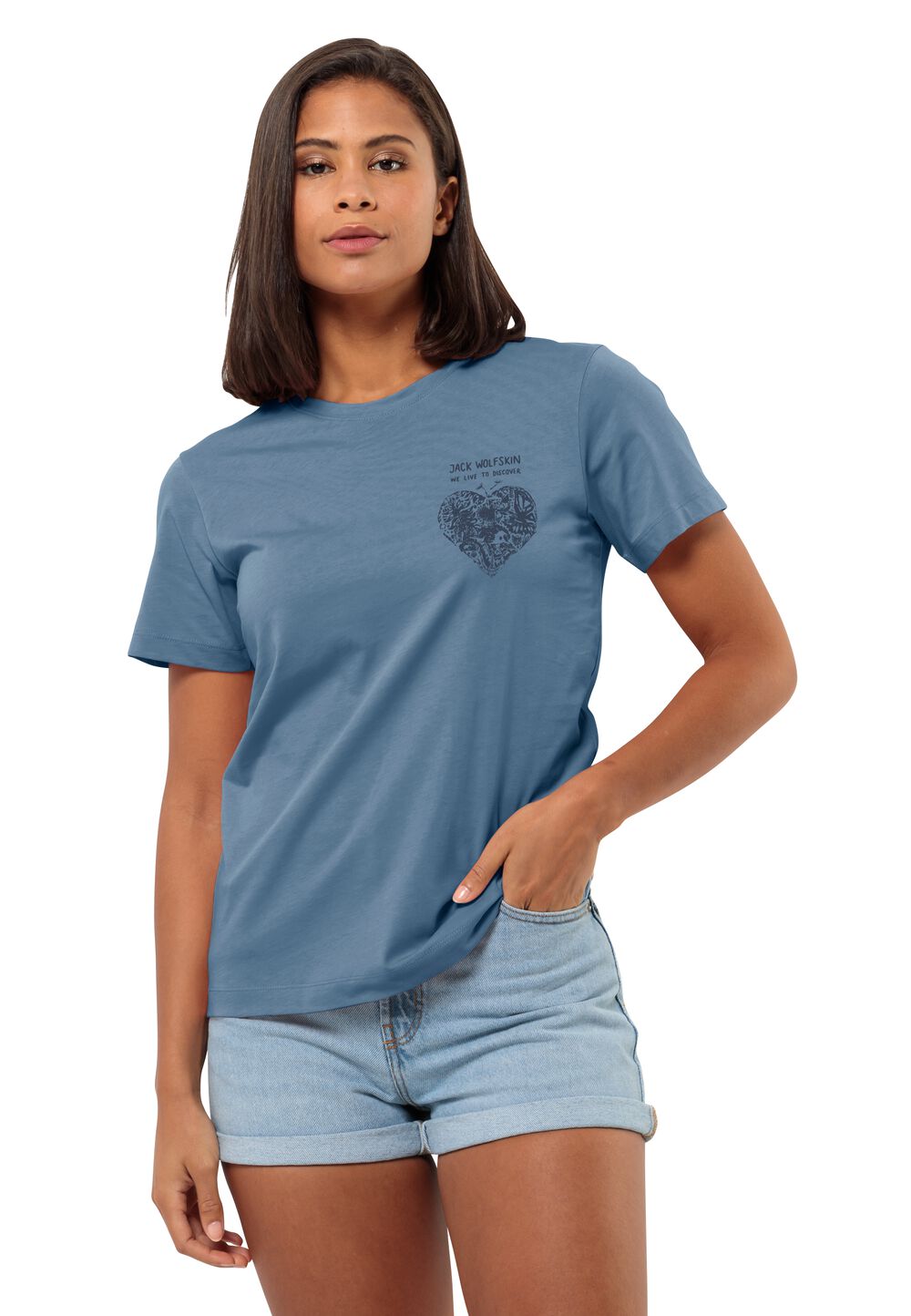 Jack Wolfskin T-Shirt aus Bio-Baumwolle Damen Discover Heart T-Shirt Women XS elemental blue Elemental Blue von Jack Wolfskin