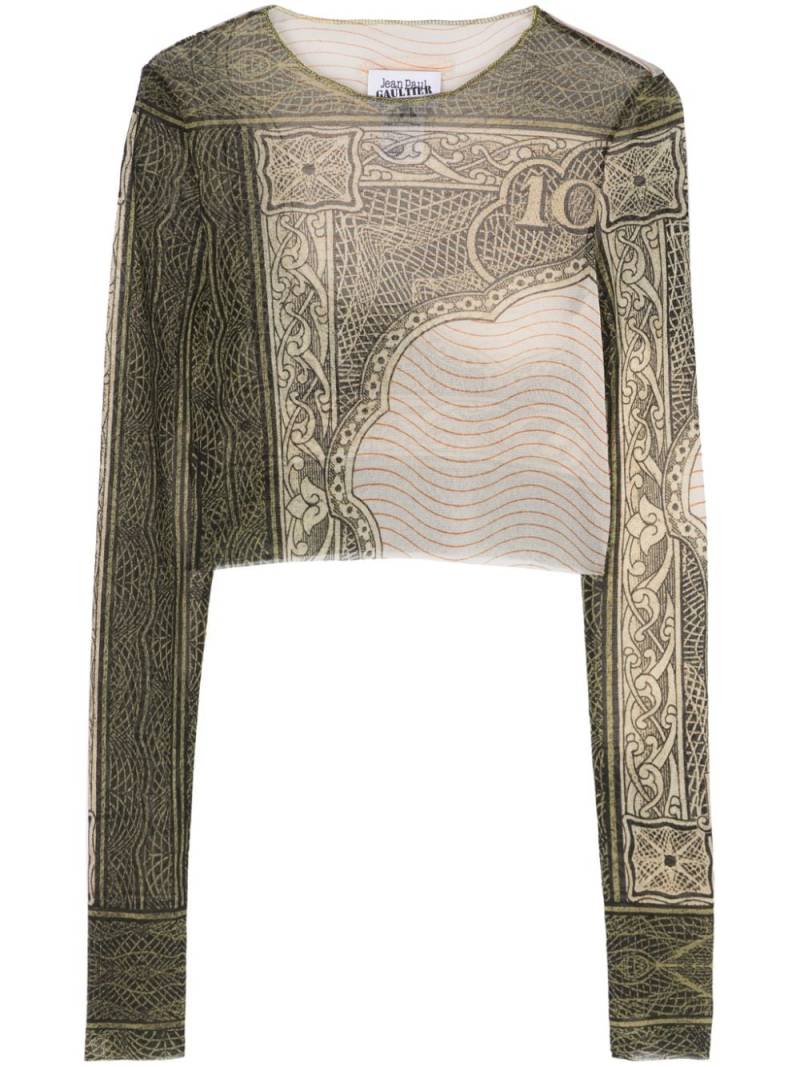 Jean Paul Gaultier cartouche-print cropped tulle T-shirt - Neutrals von Jean Paul Gaultier