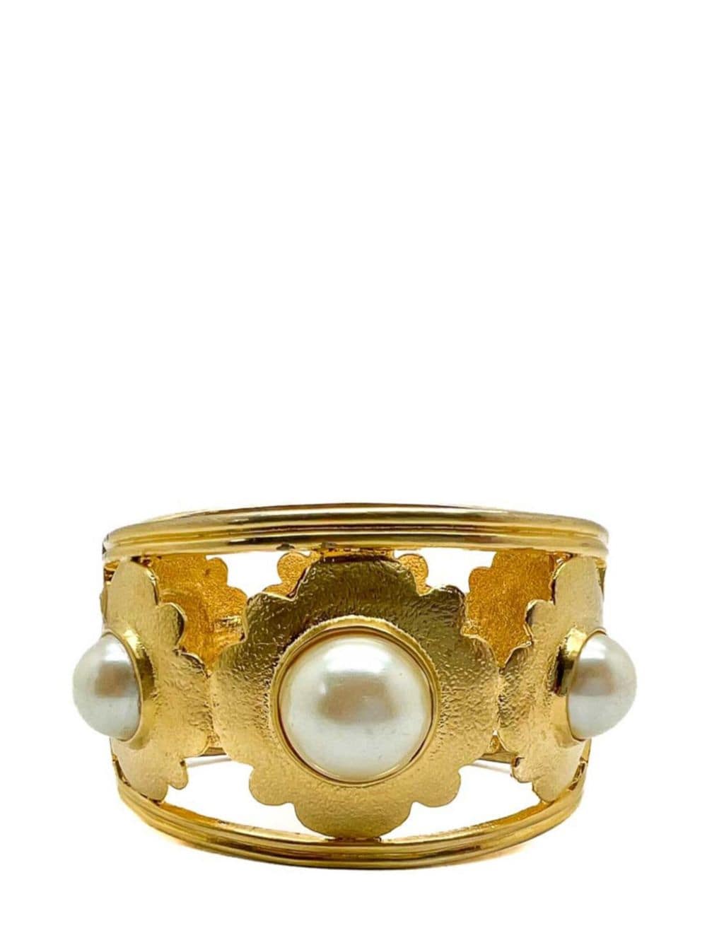 Jennifer Gibson Jewellery Vintage Broad Pearl Floral Motif Cuff 1980s - Gold