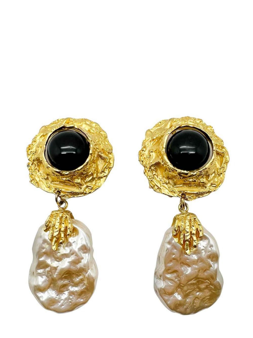 Jennifer Gibson Jewellery Vintage Craft Black Cabochon & Pearl Statement Earrings 1980s - Gold von Jennifer Gibson Jewellery