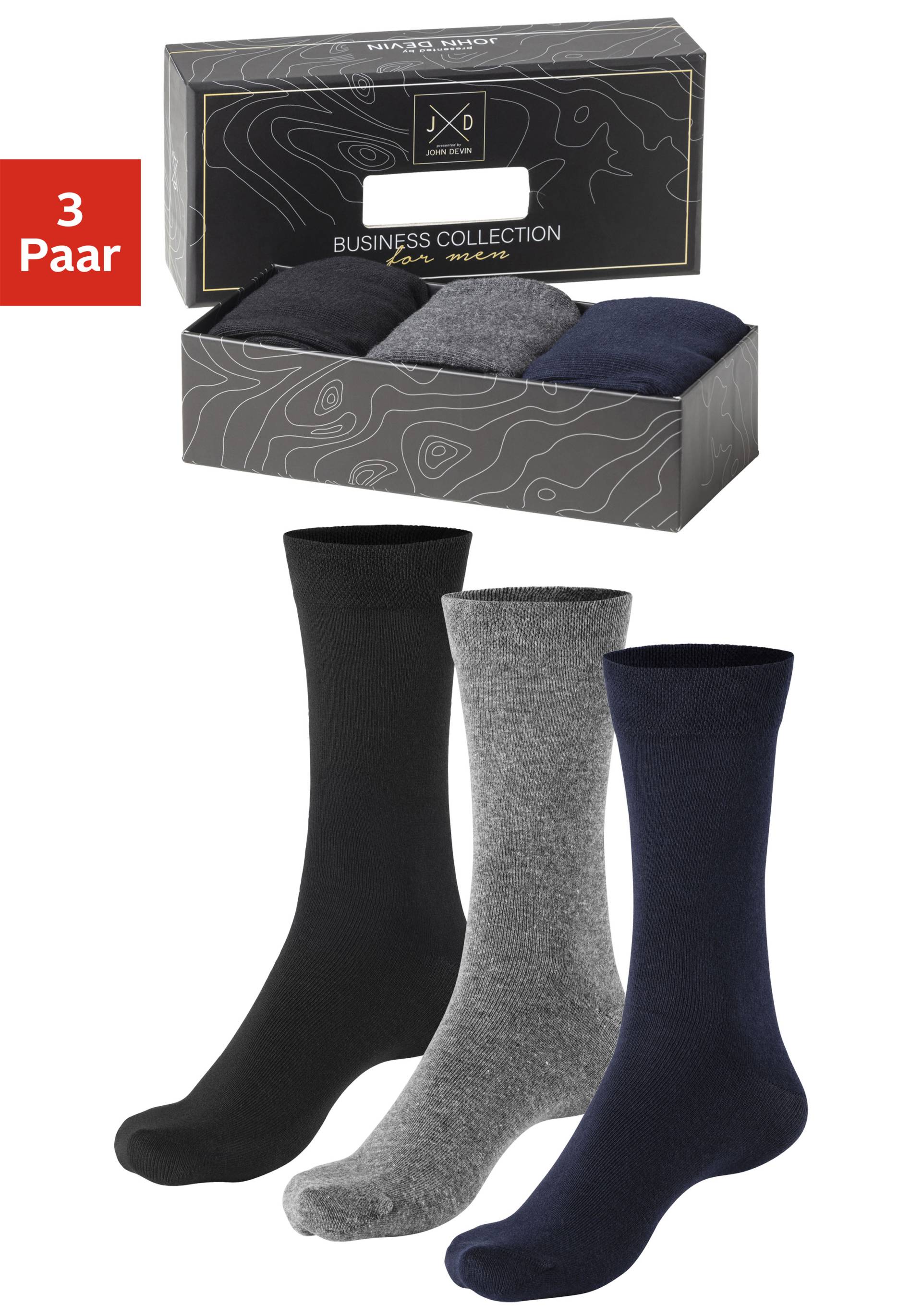 John Devin Businesssocken, (Packung, 3 Paar), mit längerer Schaftlänge, verpackt in einer Box von John Devin