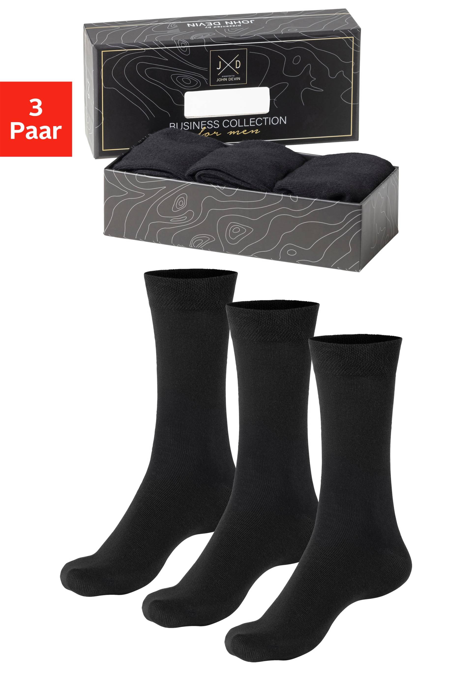 John Devin Businesssocken, (Packung, 3 Paar), mit längerer Schaftlänge, verpackt in einer Box von John Devin