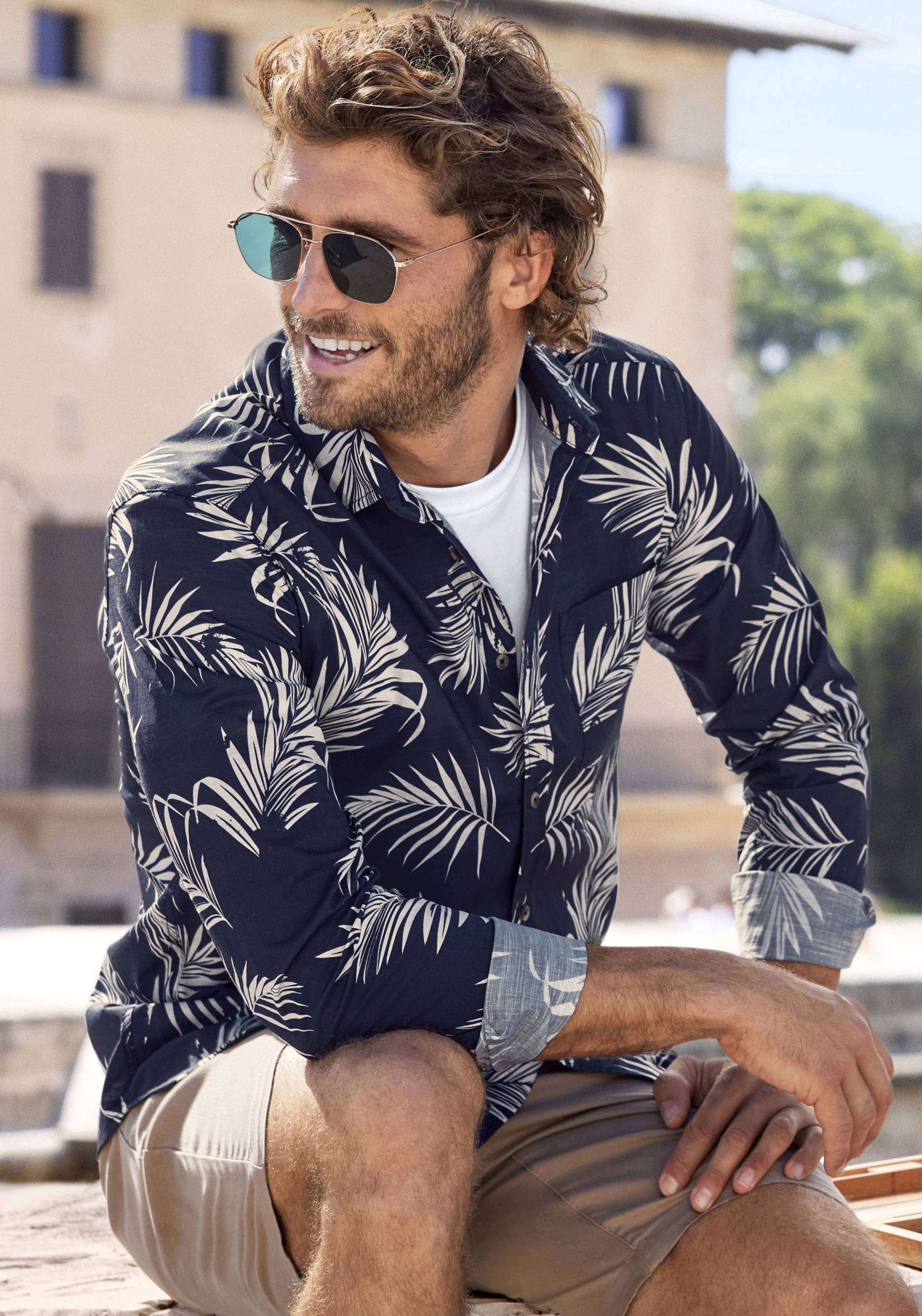 John Devin Hawaiihemd »Regular Fit,«, Langarm, Freizeithemd mit Palmenprint aus reiner Baumwolle von John Devin